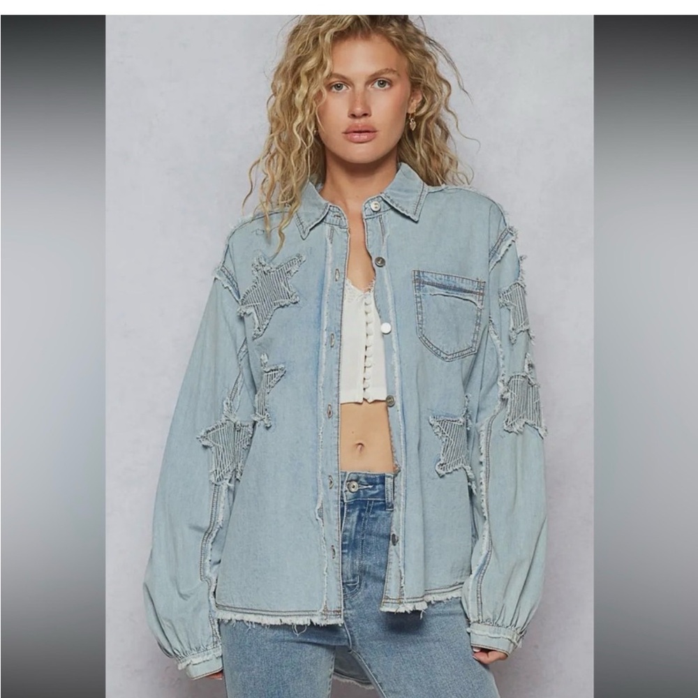 Pol Favorite Star Patch Light Blue Button Down Sh… - image 1